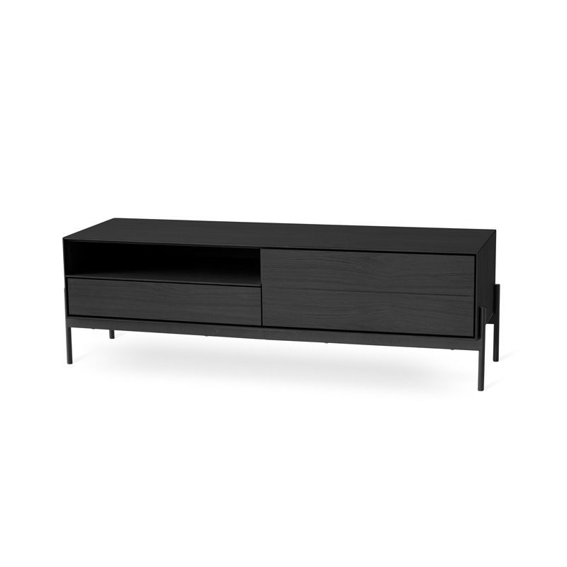 CANE mediabänk 144 cm svartbetsad ek, svart metallunderrede